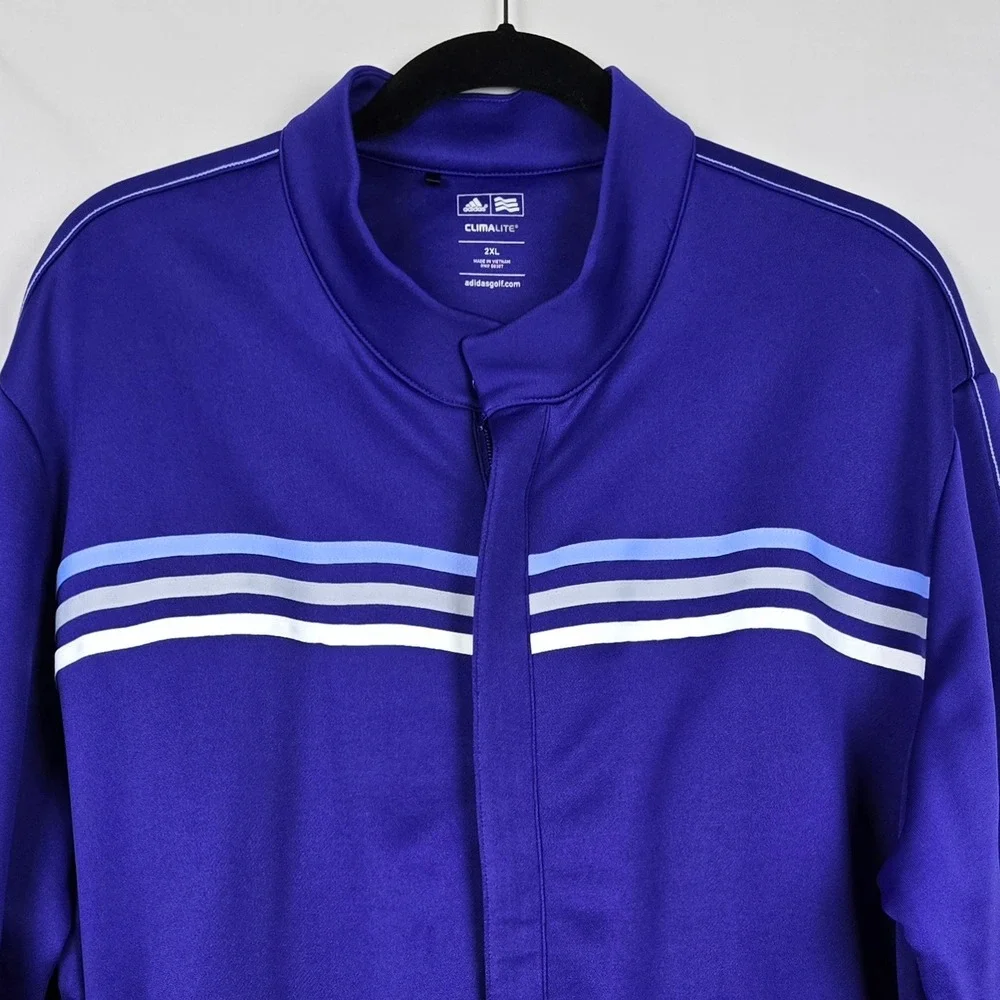 Adidas Golf Climalite Mens 2XL Purple Striped Full Zip‎ Pullover Jacket NG Logo